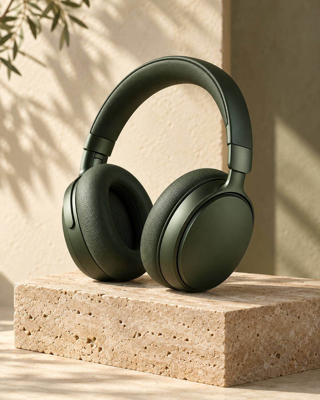 Illustrative forest-green headphones on a travertine plinth